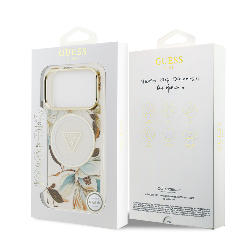 Apple iPhone 17 Pro Max Case Guess Original Licensed M-safe Charging Feature Glittery Flower Patterned Metal Camera Frame Triangle Logo Cover - 32