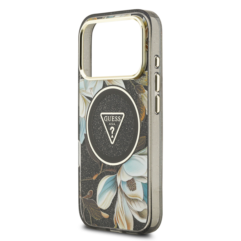 Apple iPhone 17 Pro Max Case Guess Original Licensed M-safe Charging Feature Glittery Flower Patterned Metal Camera Frame Triangle Logo Cover - 28