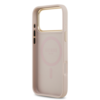 Apple iPhone 17 Pro Max Case Guess Original Licensed M-safe Charging Feature Gold Metal Camera Frame PU Leather 4G Patterned Text Logo Cover - 7