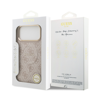 Apple iPhone 17 Pro Max Case Guess Original Licensed M-safe Charging Feature Gold Metal Camera Frame PU Leather 4G Patterned Text Logo Cover - 23