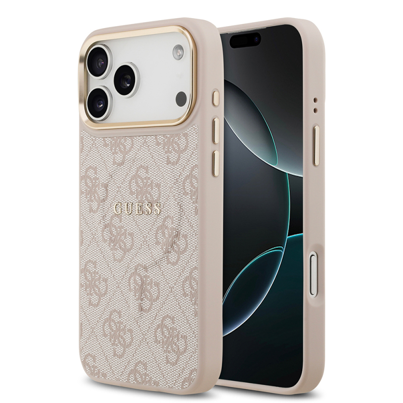 Apple iPhone 17 Pro Max Case Guess Original Licensed M-safe Charging Feature Gold Metal Camera Frame PU Leather 4G Patterned Text Logo Cover - 1