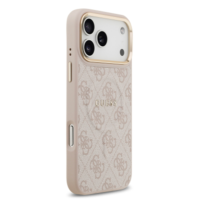 Apple iPhone 17 Pro Max Case Guess Original Licensed M-safe Charging Feature Gold Metal Camera Frame PU Leather 4G Patterned Text Logo Cover - 10