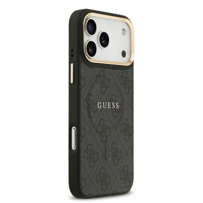 Apple iPhone 17 Pro Max Case Guess Original Licensed M-safe Charging Feature Gold Metal Camera Frame PU Leather 4G Patterned Text Logo Cover - 11