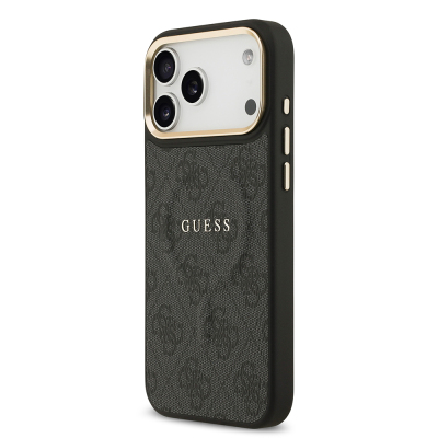 Apple iPhone 17 Pro Max Case Guess Original Licensed M-safe Charging Feature Gold Metal Camera Frame PU Leather 4G Patterned Text Logo Cover - 15