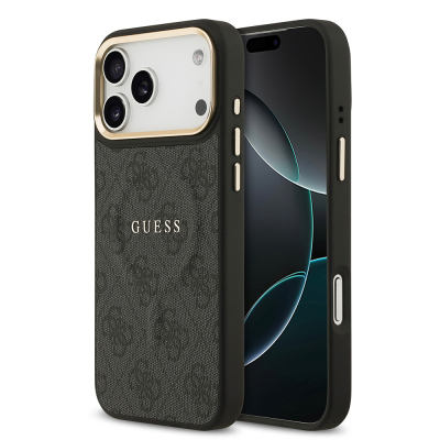 Apple iPhone 17 Pro Max Case Guess Original Licensed M-safe Charging Feature Gold Metal Camera Frame PU Leather 4G Patterned Text Logo Cover - 3