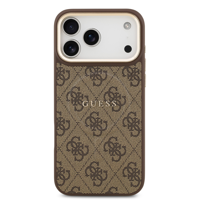 Apple iPhone 17 Pro Max Case Guess Original Licensed M-safe Charging Feature Gold Metal Camera Frame PU Leather 4G Patterned Text Logo Cover - 18