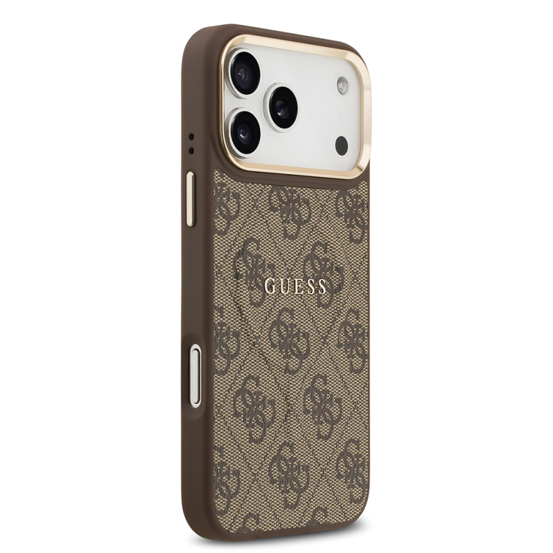 Apple iPhone 17 Pro Max Case Guess Original Licensed M-safe Charging Feature Gold Metal Camera Frame PU Leather 4G Patterned Text Logo Cover - 19