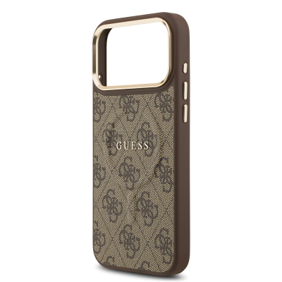 Apple iPhone 17 Pro Max Case Guess Original Licensed M-safe Charging Feature Gold Metal Camera Frame PU Leather 4G Patterned Text Logo Cover - 21