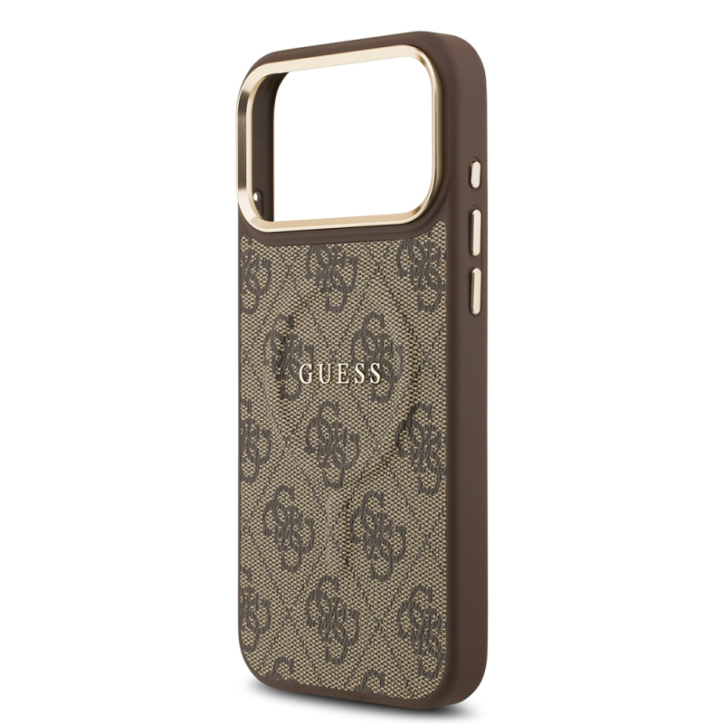 Apple iPhone 17 Pro Max Case Guess Original Licensed M-safe Charging Feature Gold Metal Camera Frame PU Leather 4G Patterned Text Logo Cover - 21