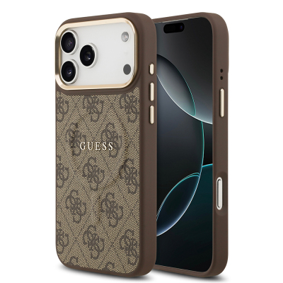 Apple iPhone 17 Pro Max Case Guess Original Licensed M-safe Charging Feature Gold Metal Camera Frame PU Leather 4G Patterned Text Logo Cover - 4