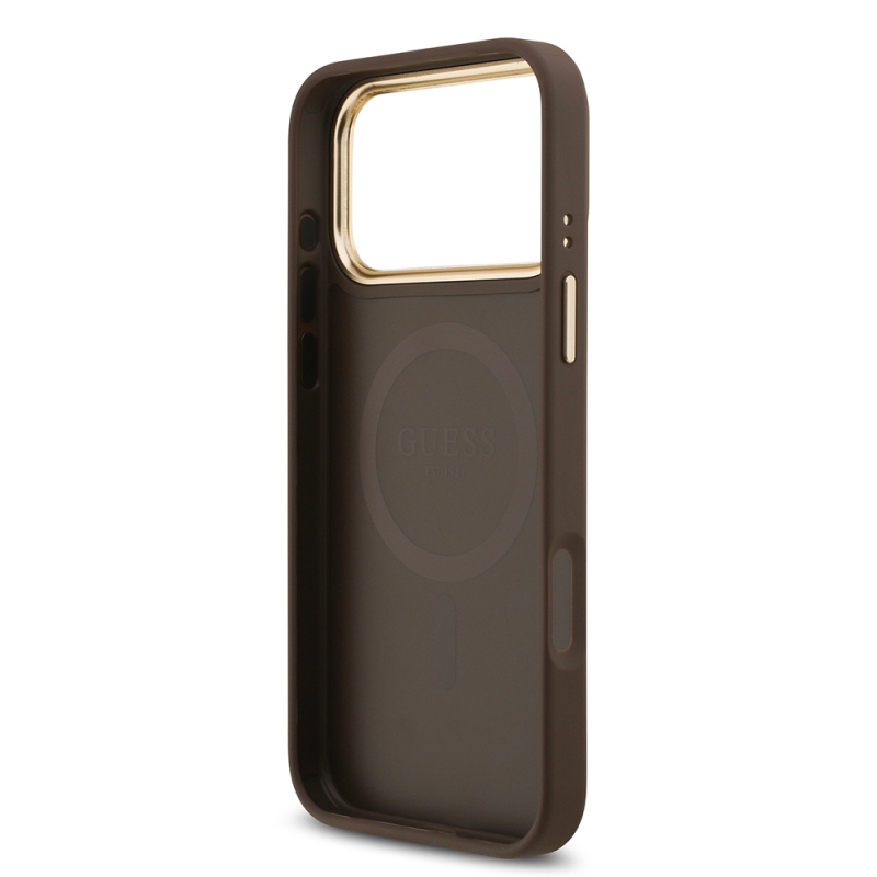 Apple iPhone 17 Pro Max Case Guess Original Licensed M-safe Charging Feature Gold Metal Camera Frame Stone 4G Logo Cover - 9
