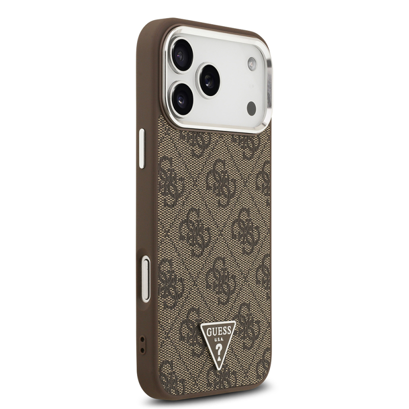 Apple iPhone 17 Pro Max Case Guess Original Licensed M-safe Charging Feature Gold Metal Camera Frame Stone Triangle Logo 4G Patterned Cover - 13