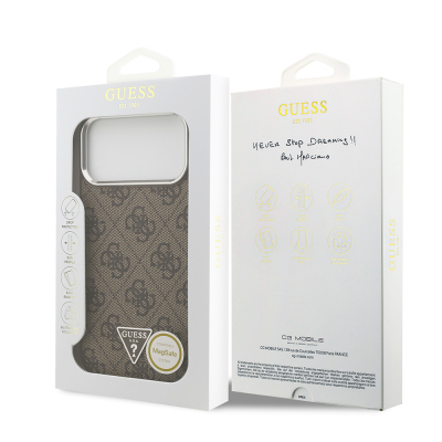 Apple iPhone 17 Pro Max Case Guess Original Licensed M-safe Charging Feature Gold Metal Camera Frame Stone Triangle Logo 4G Patterned Cover - 17