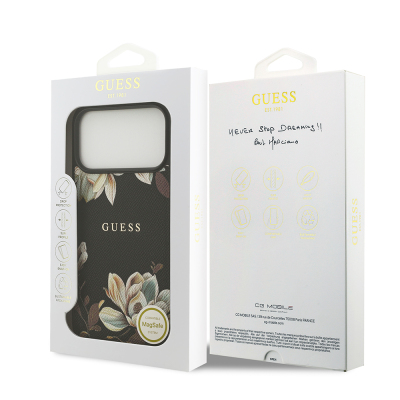Apple iPhone 17 Pro Max Case Guess Original Licensed M-Safe Charging Feature Grained Flower Design Metal Lettering Logo Cover - 9
