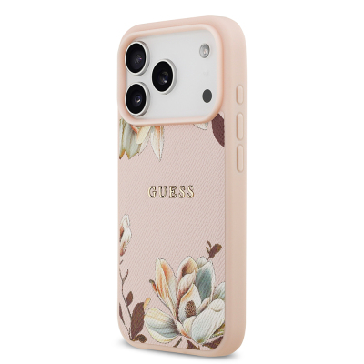 Apple iPhone 17 Pro Max Case Guess Original Licensed M-Safe Charging Feature Grained Flower Design Metal Lettering Logo Cover - 10
