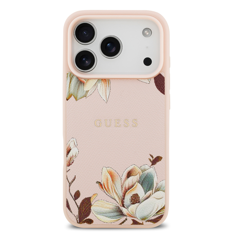 Apple iPhone 17 Pro Max Case Guess Original Licensed M-Safe Charging Feature Grained Flower Design Metal Lettering Logo Cover - 11