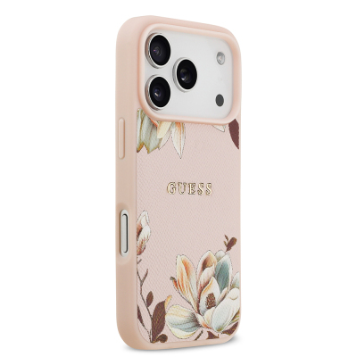 Apple iPhone 17 Pro Max Case Guess Original Licensed M-Safe Charging Feature Grained Flower Design Metal Lettering Logo Cover - 12