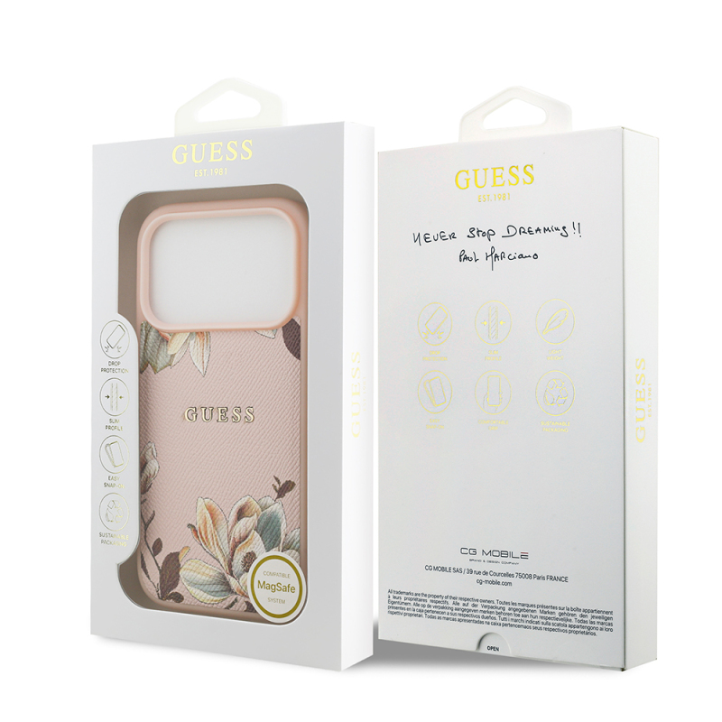 Apple iPhone 17 Pro Max Case Guess Original Licensed M-Safe Charging Feature Grained Flower Design Metal Lettering Logo Cover - 17
