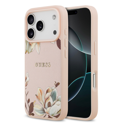 Apple iPhone 17 Pro Max Case Guess Original Licensed M-Safe Charging Feature Grained Flower Design Metal Lettering Logo Cover - 3