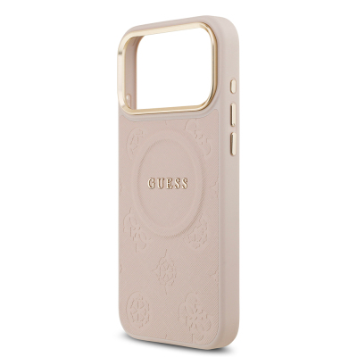 Apple iPhone 17 Pro Max Case Guess Original Licensed M-safe Charging Feature Hot Printed Text Logo PU Leather Peony Cover - 21