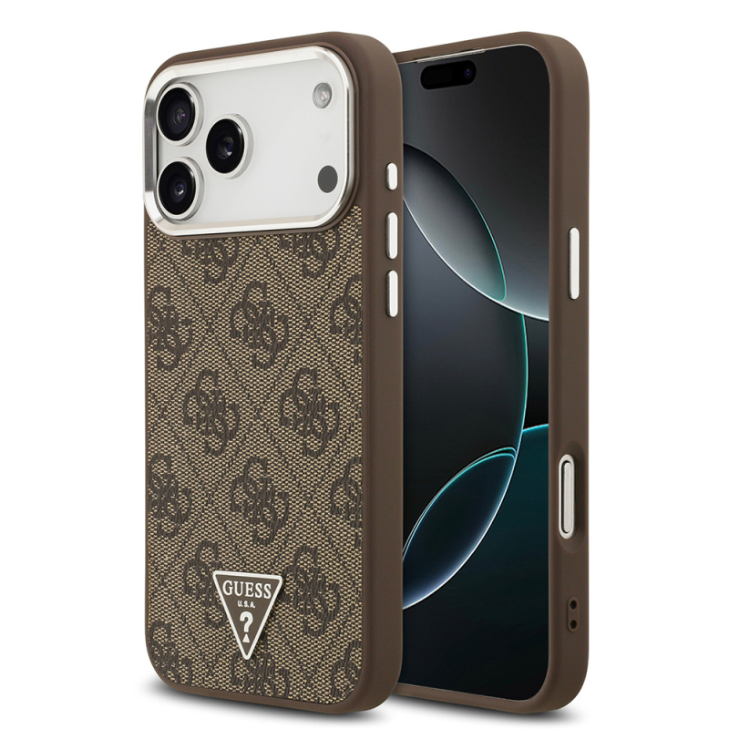 Apple iPhone 17 Pro Max Case Guess Original Licensed M-safe Charging Feature Silver Metal Camera Frame Triangle Logo 4G Patterned Cover - 3