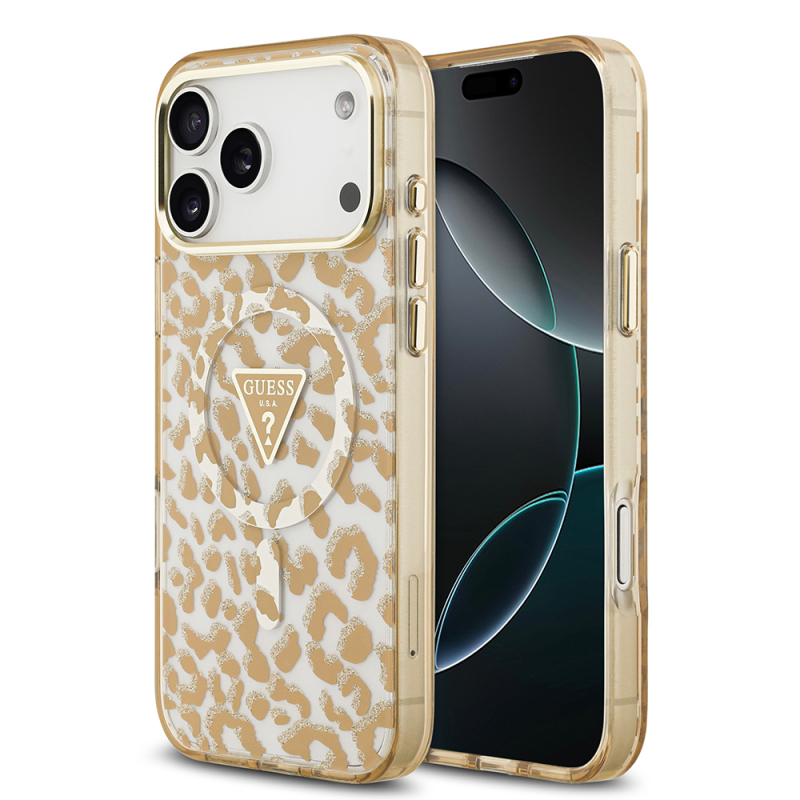 Apple iPhone 17 Pro Max Case Guess Original Licensed M-Safe Charging Feature Triangle Logo Glitter Leopard Pattern Cover - 1