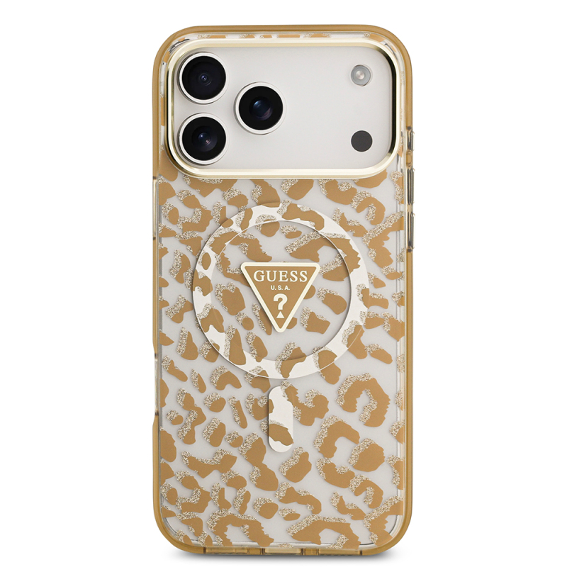 Apple iPhone 17 Pro Max Case Guess Original Licensed M-Safe Charging Feature Triangle Logo Glitter Leopard Pattern Cover - 5