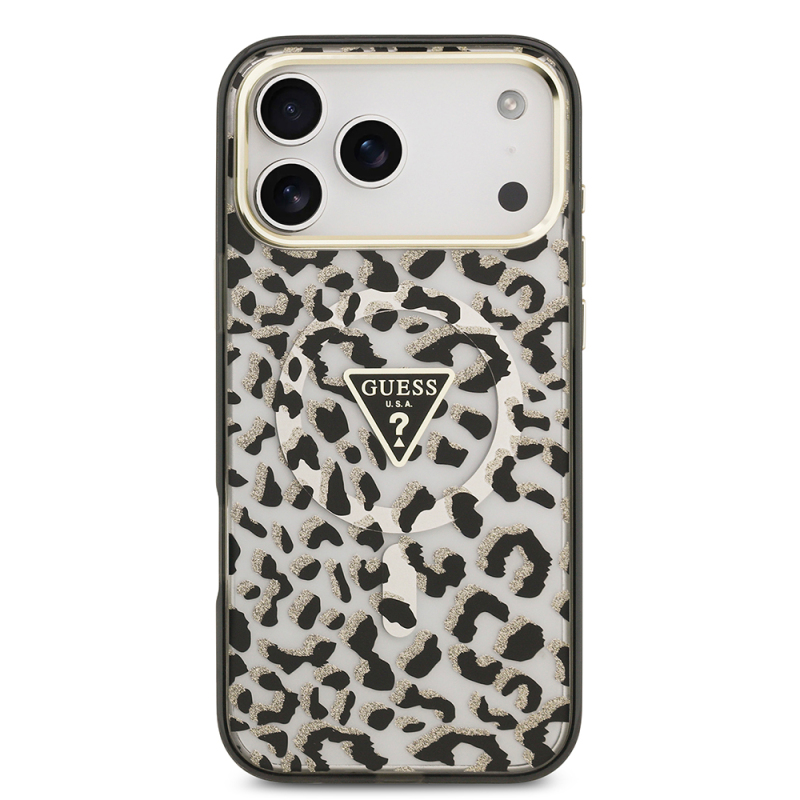 Apple iPhone 17 Pro Max Case Guess Original Licensed M-Safe Charging Feature Triangle Logo Glitter Leopard Pattern Cover - 11