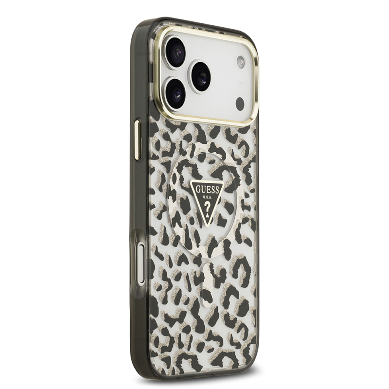 Apple iPhone 17 Pro Max Case Guess Original Licensed M-Safe Charging Feature Triangle Logo Glitter Leopard Pattern Cover - 12