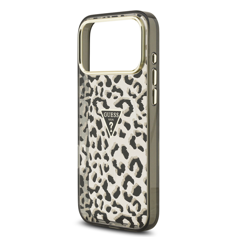Apple iPhone 17 Pro Max Case Guess Original Licensed M-Safe Charging Feature Triangle Logo Glitter Leopard Pattern Cover - 14