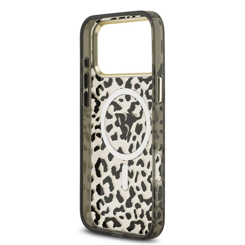 Apple iPhone 17 Pro Max Case Guess Original Licensed M-Safe Charging Feature Triangle Logo Glitter Leopard Pattern Cover - 15