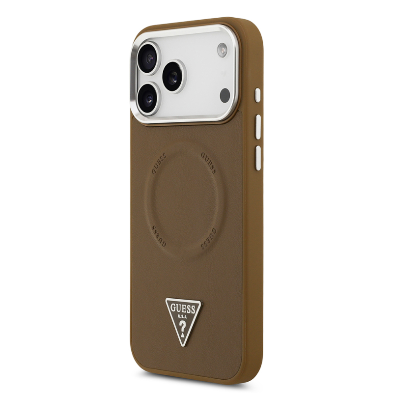 Apple iPhone 17 Pro Max Case Guess Original Licensed M-safe Charging Function PU Leather Metal Camera Frame Triangle Logo Cover - 11