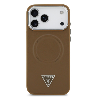 Apple iPhone 17 Pro Max Case Guess Original Licensed M-safe Charging Function PU Leather Metal Camera Frame Triangle Logo Cover - 12