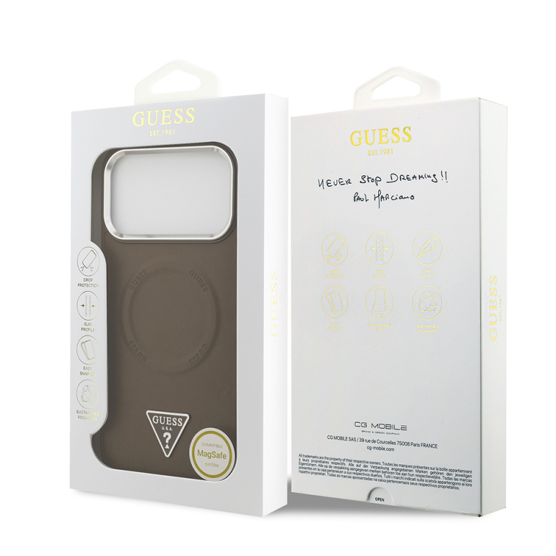 Apple iPhone 17 Pro Max Case Guess Original Licensed M-safe Charging Function PU Leather Metal Camera Frame Triangle Logo Cover - 17