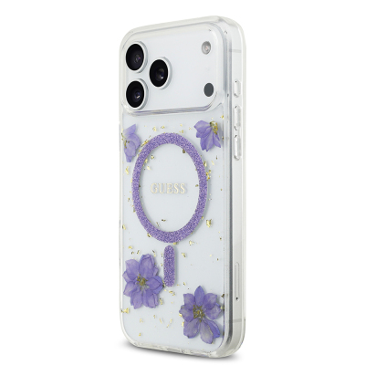 Apple iPhone 17 Pro Max Case Guess Original Licensed M-safe Charging Transparent Resin Flowers Cover - 4