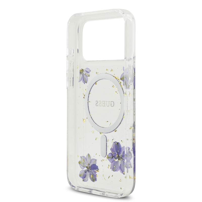 Apple iPhone 17 Pro Max Case Guess Original Licensed M-safe Charging Transparent Resin Flowers Cover - 9