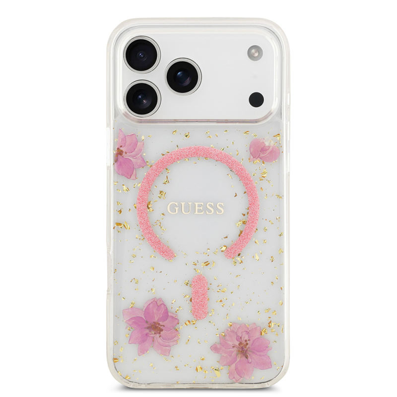 Apple iPhone 17 Pro Max Case Guess Original Licensed M-safe Charging Transparent Resin Flowers Cover - 11