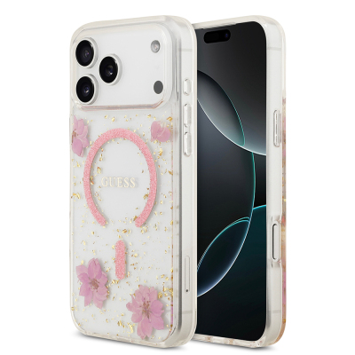 Apple iPhone 17 Pro Max Case Guess Original Licensed M-safe Charging Transparent Resin Flowers Cover - 3