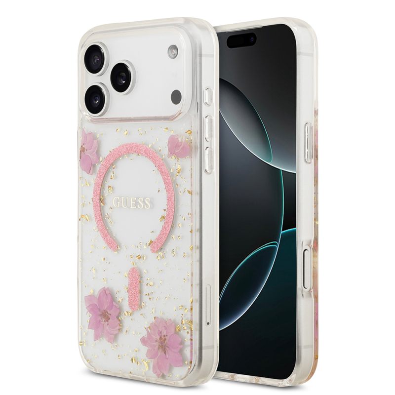 Apple iPhone 17 Pro Max Case Guess Original Licensed M-safe Charging Transparent Resin Flowers Cover - 3