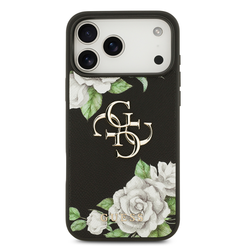 Apple iPhone 17 Pro Max Case Guess Original Licensed Rose Printed Large Metal Logo Design Cover - 5