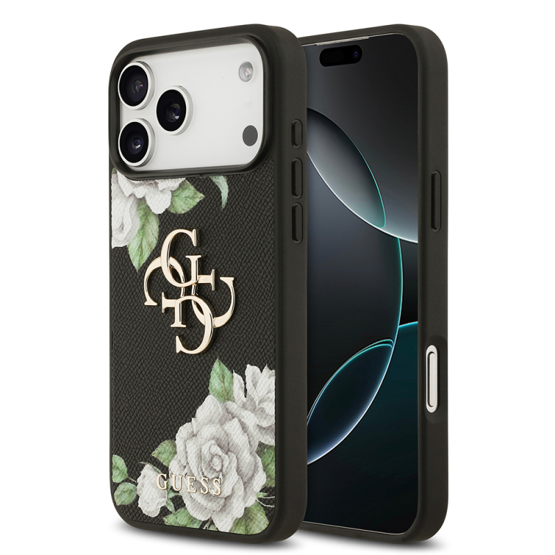 Apple iPhone 17 Pro Max Case Guess Original Licensed Rose Printed Large Metal Logo Design Cover - 2