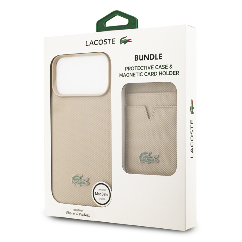 Apple iPhone 17 Pro Max Case Lacoste Original Licensed M-Safe Charging Feature PU Pique Pattern Metal Logo Card Holder Cover - 45