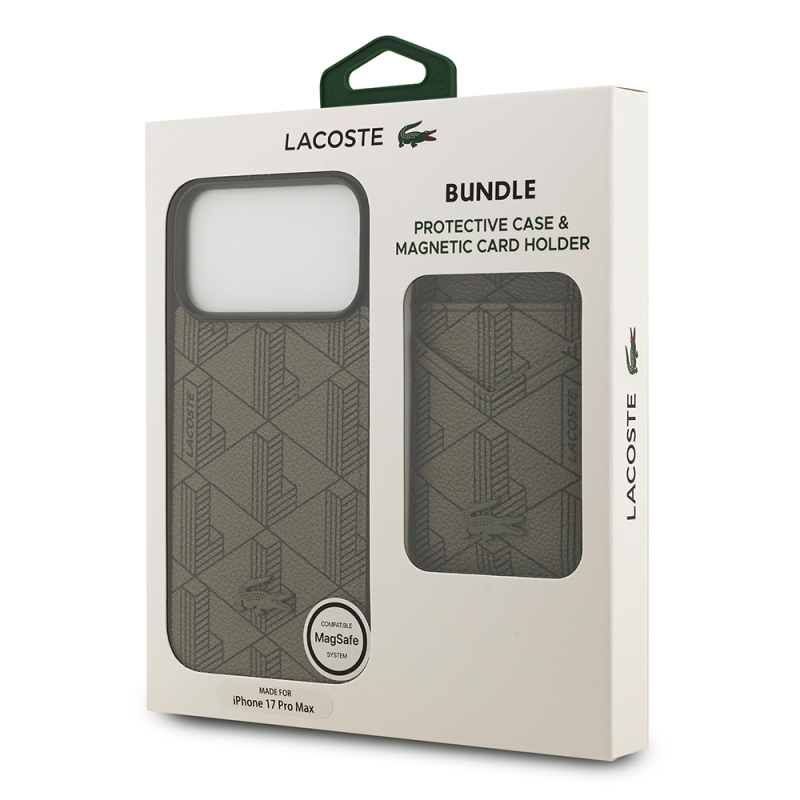 Apple iPhone 17 Pro Max Case Lacoste Original Licensed M-Safe Charging Function PU Leather Design Card Holder Mixed Monogram Pattern Cover - 22