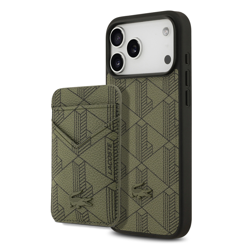 Apple iPhone 17 Pro Max Case Lacoste Original Licensed M-Safe Charging Function PU Leather Design Card Holder Mixed Monogram Pattern Cover - 1