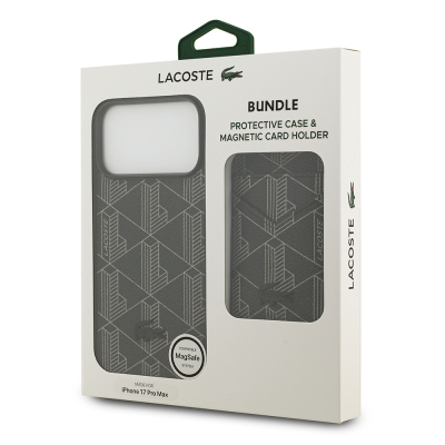 Apple iPhone 17 Pro Max Case Lacoste Original Licensed M-Safe Charging Function PU Leather Design Card Holder Mixed Monogram Pattern Cover - 23