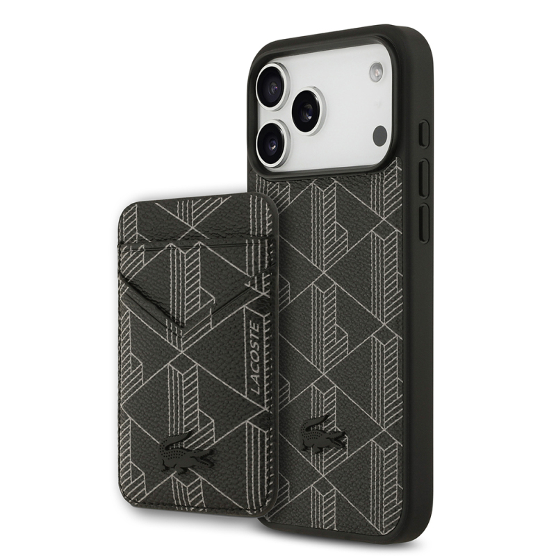 Apple iPhone 17 Pro Max Case Lacoste Original Licensed M-Safe Charging Function PU Leather Design Card Holder Mixed Monogram Pattern Cover - 3
