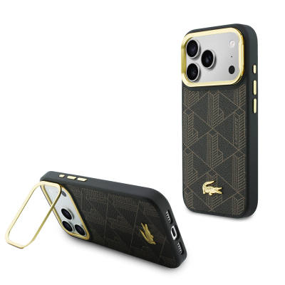 Apple iPhone 17 Pro Max Case Lacoste Original Licensed M-safe Charging Stand PU Leather Mixed Monogram Pattern Cover - 3