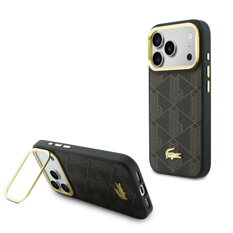 Apple iPhone 17 Pro Max Case Lacoste Original Licensed M-safe Charging Stand PU Leather Mixed Monogram Pattern Cover - 3