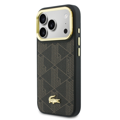 Apple iPhone 17 Pro Max Case Lacoste Original Licensed M-safe Charging Stand PU Leather Mixed Monogram Pattern Cover - 11