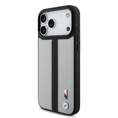 Apple iPhone 17 Pro Max Kılıf BMW Orjinal Lisanslı M-safe Şarj Özellikli Deri Arka Yüzey Metal Logolu Delikli Şerit Tasarımlı Kapak - 3